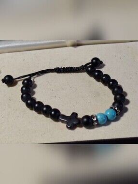 🚨NEW Unisex Matte Black Onyx & Turquoise Beaded Cross Bracelet Adjustable 🚨